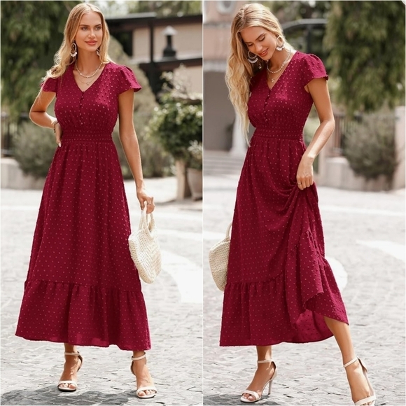 NWT Short Flutter Sleeve V Neck Smocked Flowy Maxi Dress Red - Picture 1 of 8